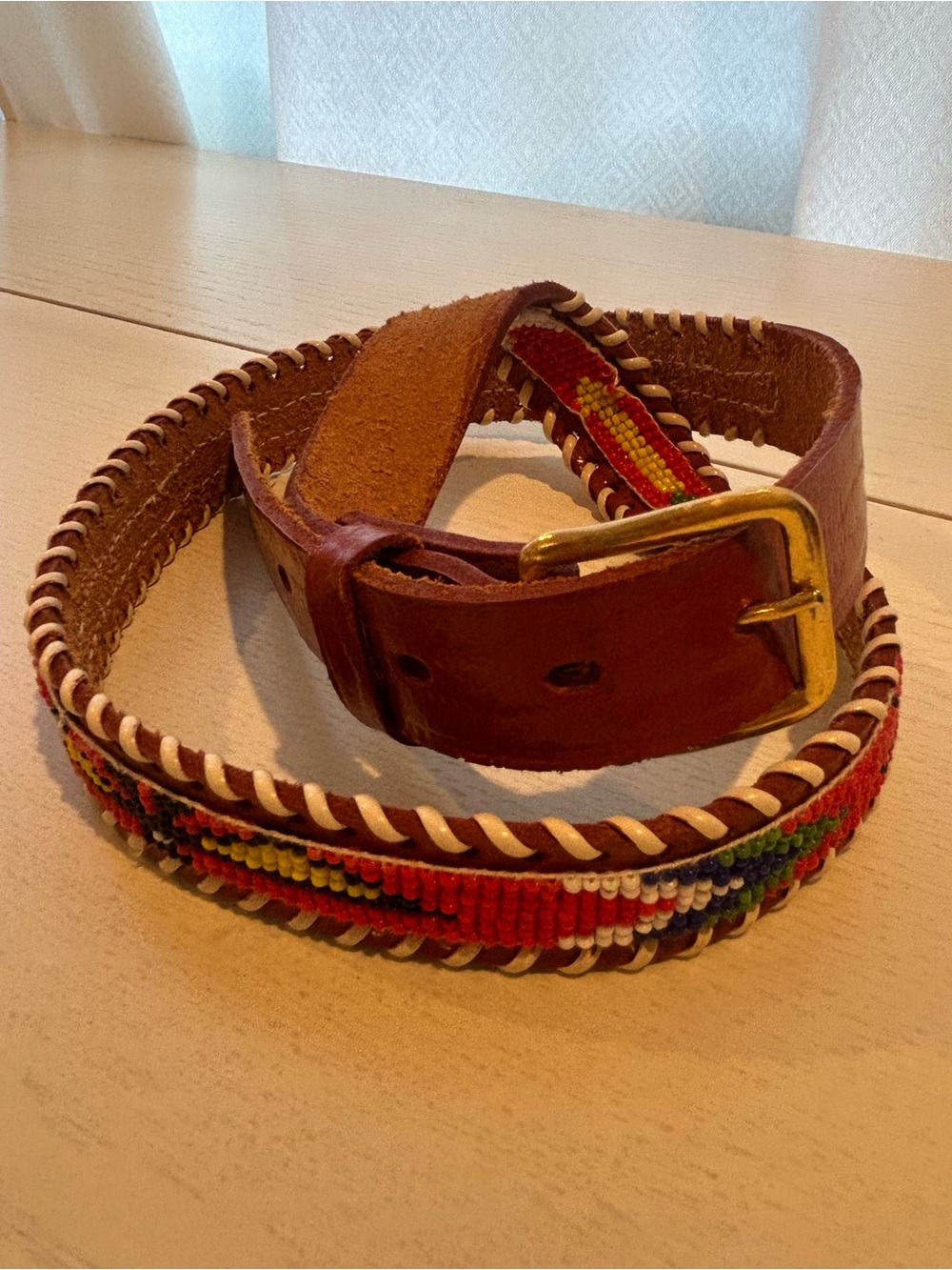 Vintage Native Multi Colored Beaded Leather Belt M/L
